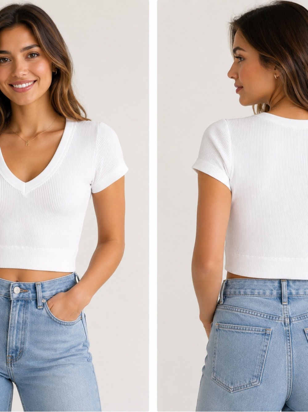 Zenana Outfitters White Ribbed V-Neck Crop Top